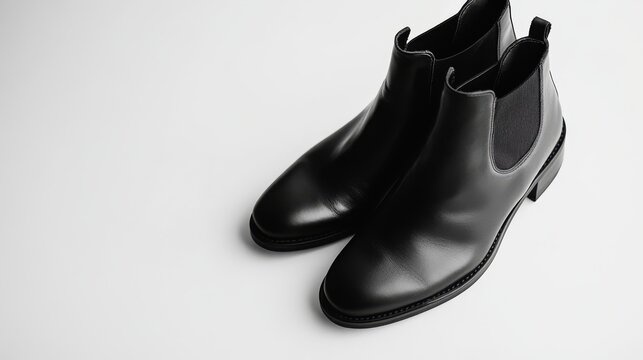 Two black Chelsea boots on a white background, showcasing the classic and timeless design. The smooth leather and elastic side panels create a sleek silhouette, while the minimalist aesthetic exudes s