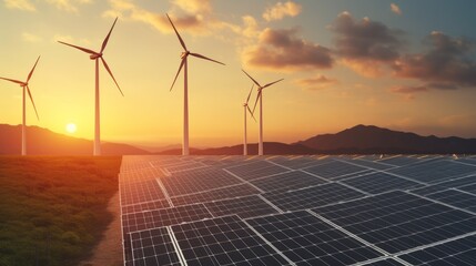 Solar panels wind turbines installed as renewable energy sources for electricity and power supply. Neural network ai generated art