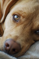 A close-up of a golden dog lying comfortably on the bed, its soulful expression can be seen, capturing both the intimate bond and quiet contemplation often seen between pets and owners.