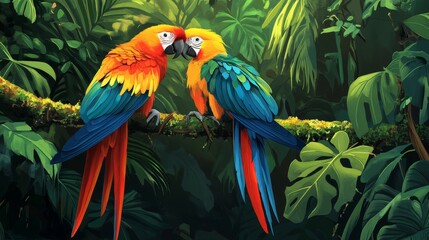 Obraz premium Two vibrant macaws, one red and yellow, the other blue and yellow, perch on a branch in a lush rainforest, symbolizing love, companionship, and the beauty of nature.