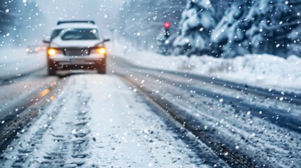 A car drives through a snow-covered road as heavy snowfall occurs, creating a wintry, serene scene marked by the challenges and beauty of cold weather conditions.