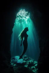 Printed kitchen splashbacks Silhouette of a mermaid with long hair swimming in a dark underwater cave with sunbeams shining through the surface