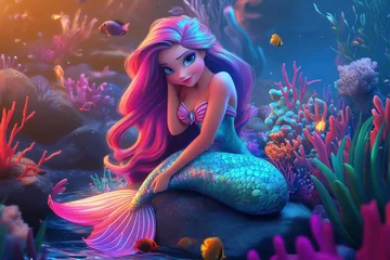 Beautiful mermaid with long pink hair is sitting on a rock in a coral reef, surrounded by colorful fish and marine life