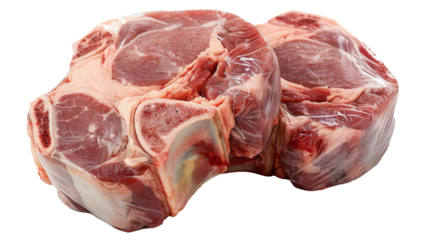 Two lamb chops shoulders, each cut in half and marbled with fat on a white isolated transparent background. Food photography.