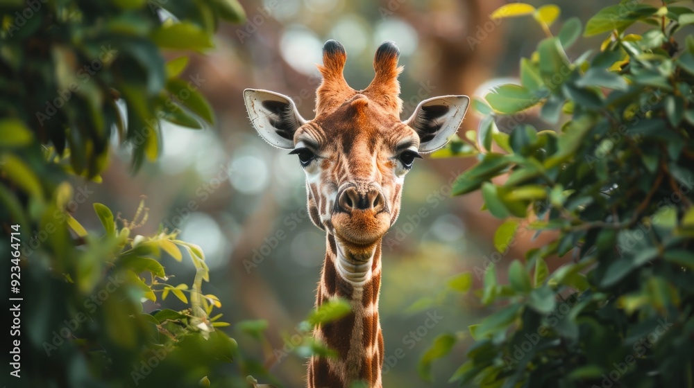 Poster a beautiful close-up of a giraffe peering curiously through green foliage in its natural habitat, hi