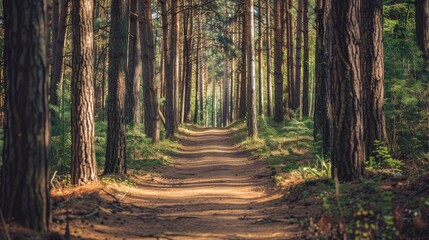 A scenic dirt pathway cuts through a dense forest of towering pine trees, inviting a tranquil walk through nature and a connection to the serene, natural world.