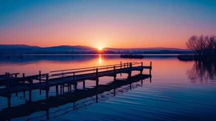Naklejka premium A breathtaking sunset view over a serene lake, featuring a wooden pier extending outward into the calm water, capturing the perfect moment of day transitioning into night.