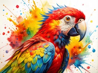 Obraz premium A vibrant painting of a parrot with bright red, yellow, and blue feathers. The background is a white canvas with colorful paint splatters.