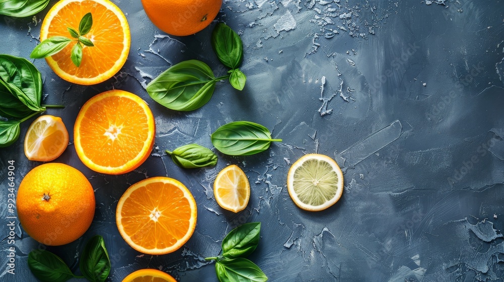 Aufkleber a vibrant arrangement of fresh sliced oranges and basil leaves on a textured blue surface, creating 