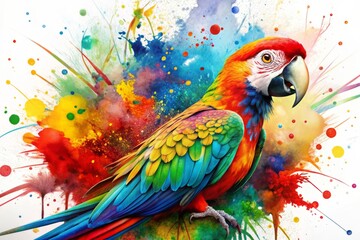 Naklejka premium Vibrant splatter art piece showcasing a majestic parrot amidst colorful paint splashes, forming musical notes and symbols that evoke a sense of harmonious nature.