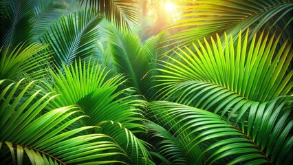 Obraz premium Vibrant green tropical palm leaves fill the frame, gently swaying against a soft focus background, creating a serene and exotic natural atmosphere.