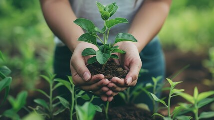 A close-up of hands carefully planting a young sapling in rich, fertile soil, symbolizing growth, renewal, and the nurturing of life in a hopeful and positive setting.