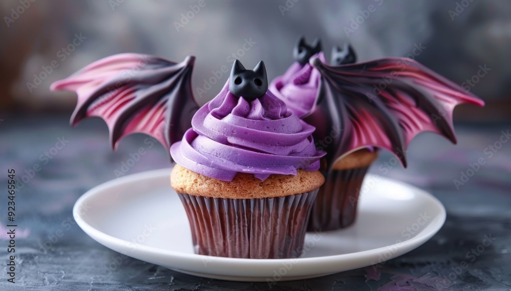 Wall mural purple bat cupcakes with detailed frosting design on a gray background