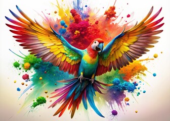 Fototapeta premium Vibrant parrot emerges from abstract splash of colorful paint, wings spread wide, feathers glistening, symbolizing artistic expression, creativity, and imagination taking flight.