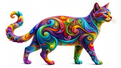 Fototapeta premium Vibrant multicolored abstract cat form with swirling shapes and gradient hues creatively blending on a pure white isolated background, adding an artistic touch.