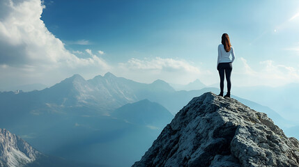 Obraz premium Woman Standing on Mountain Peak at Sunrise 
