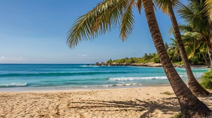 Tropical Beach with Palm Trees and Blue Ocean.