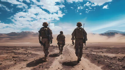 Modern soldiers fully equipped facing during the military operation