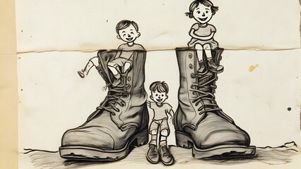 A poignant drawing of siblings playing with their father’s army boots, capturing the absence of a parent lost to war. - Pain of war