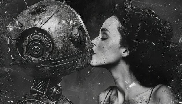 Woman and robot sharing a kiss in a futuristic setting with a dark, artistic background