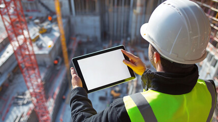 An architect wearing a hard hat at a construction site checks the details of his work while looking at a tablet. Generative AI