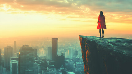 Fototapeta premium Woman in Red Coat Overlooking City at Sunset 