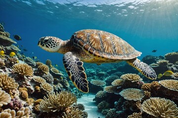 Obraz premium Green sea turtle swimming above a coral reef close up