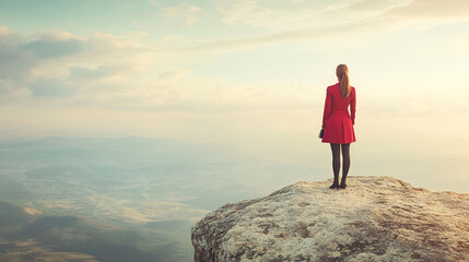 Obraz premium Woman in Red Coat on Mountain Cliff