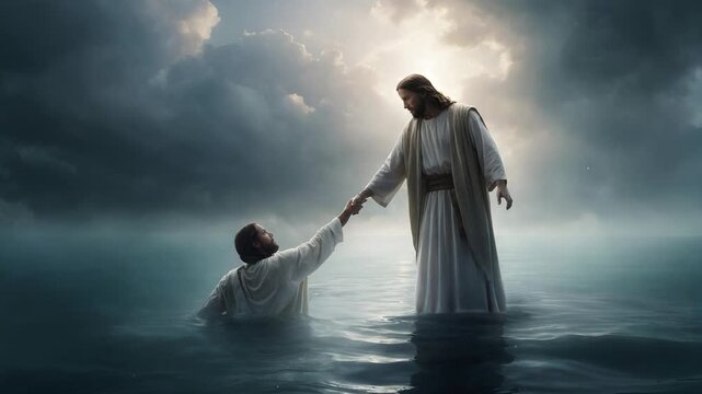 Jesus Christ saved His disciple who was drowning, christian background, motion loop