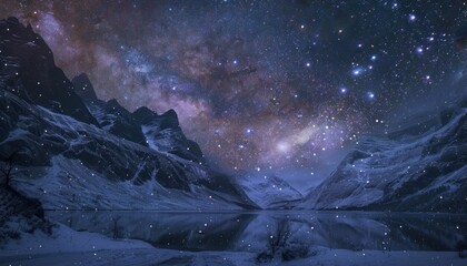 Starry night over snowy mountains and a tranquil lake in a remote wilderness