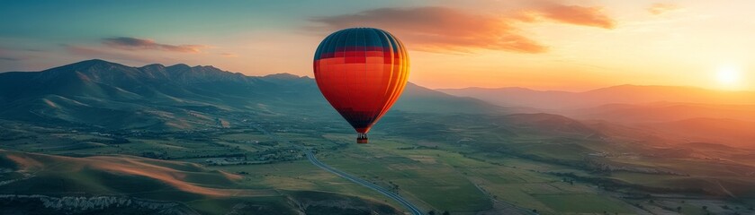 Obraz premium A colorful hot air balloon soaring over a scenic landscape at sunset.