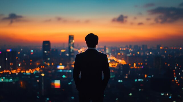 A high resolution silhouette of a business leader in profile view, looking out over a vast horizon of city lights. The image is sleek and modern, perfect for conveying ambition and forward thinking