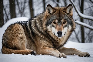 Obraz premium Wolf on the snow place looking hungry on the face, close face view portrait