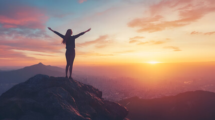 Fototapeta premium Woman Embracing Sunset on Mountain Overlooking City
