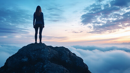 Obraz premium Woman on Mountain Peak Above the Clouds