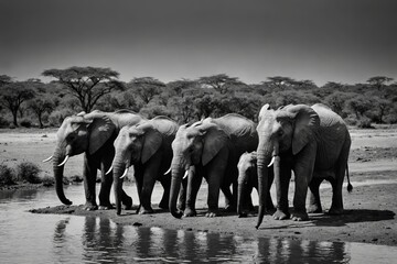 Fototapeta premium Fine art, black and white photo of group african elephants against dark background, standing on the bank of river, drinking water