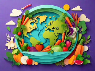 generative ai, culinary tourism concept vector illustration. paper cut craft style planet earth globe and healthy fresh vegetables. cooking food ingredients. gastronomic tour. travel food experience. 