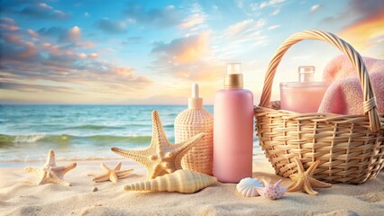 dreamy soft focus morning light beach setting with pastel pink lotion bottles on woven wicker bags surrounded by delicate seashells and starfish
