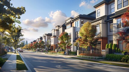 Capture a bustling neighborhood where modern apartments and traditional homes coexist.