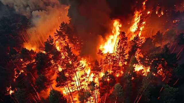 forest fire, engulfing with bright flames and thick smoke rising into the sky. Concept: natural disasters, climate change	