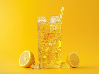 Refreshing iced tea with lemon slices and mint served in a glass against a vibrant yellow background