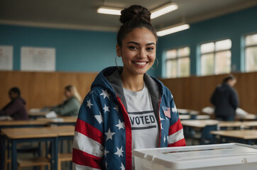 Obraz premium Happy Gen Z woman wearing American flag jacket, joyfully voting at polling station.