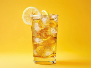 Refreshing iced tea with lemon slices and mint served in a glass against a vibrant yellow background