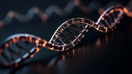 Close-up of a glowing DNA double helix, symbolizing genetics, molecular biology, and scientific advancement.