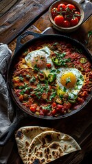 Shakshuka in iron frying pan on wooden table. Typical food in Israel. AI generated illustration