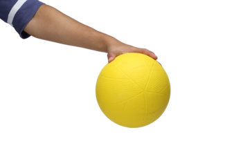 a man hand holding a volleyball ball on white background