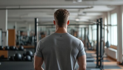 Man standing in a gym looking at workout equipment during daytime