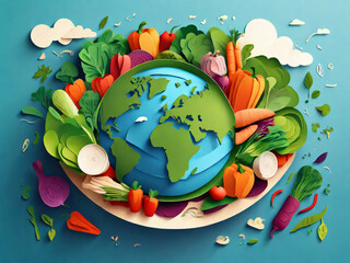 generative ai, culinary tourism concept vector illustration. paper cut craft style planet earth globe and healthy fresh vegetables. cooking food ingredients. gastronomic tour. travel food experience. 