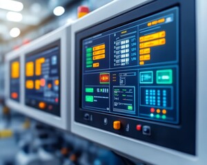 Close-up view of industrial control panels showing various readings and indicators in a modern manufacturing facility.