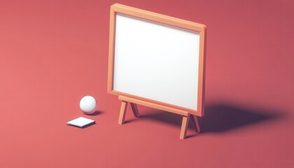 Empty wooden frame with a ball and a tablet on a minimalistic red background